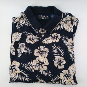 Trader Bay S/S Polo Shirt Mens Large Navy Floral Hawaiian Made in USA Cotton